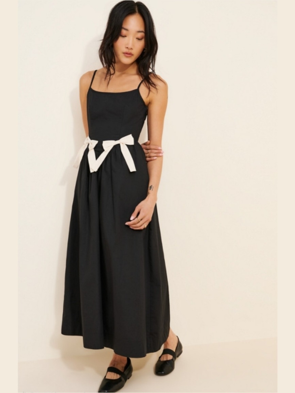 Moon River Black Midi Dress white Bows Strappy Square-neck French Chic Coquette
